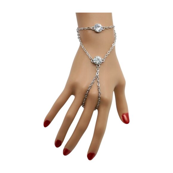 New Women Silver Metal Hand Chain Fashion Bracelet Connected Ring 2 Bling Beads - Picture 6 of 17